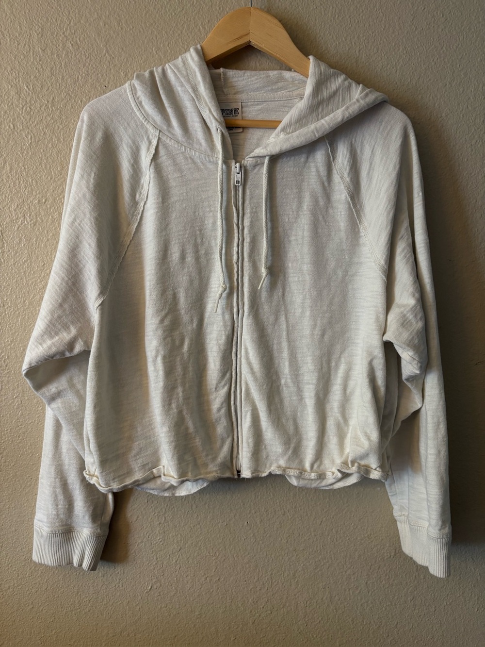 PINK Victoria's Secret Women's XL Cream Cropped Zip Hoodie Raw Hem Lightweight